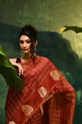 Rust- Brown Pure Kora Organza Banarasi Handloom Saree